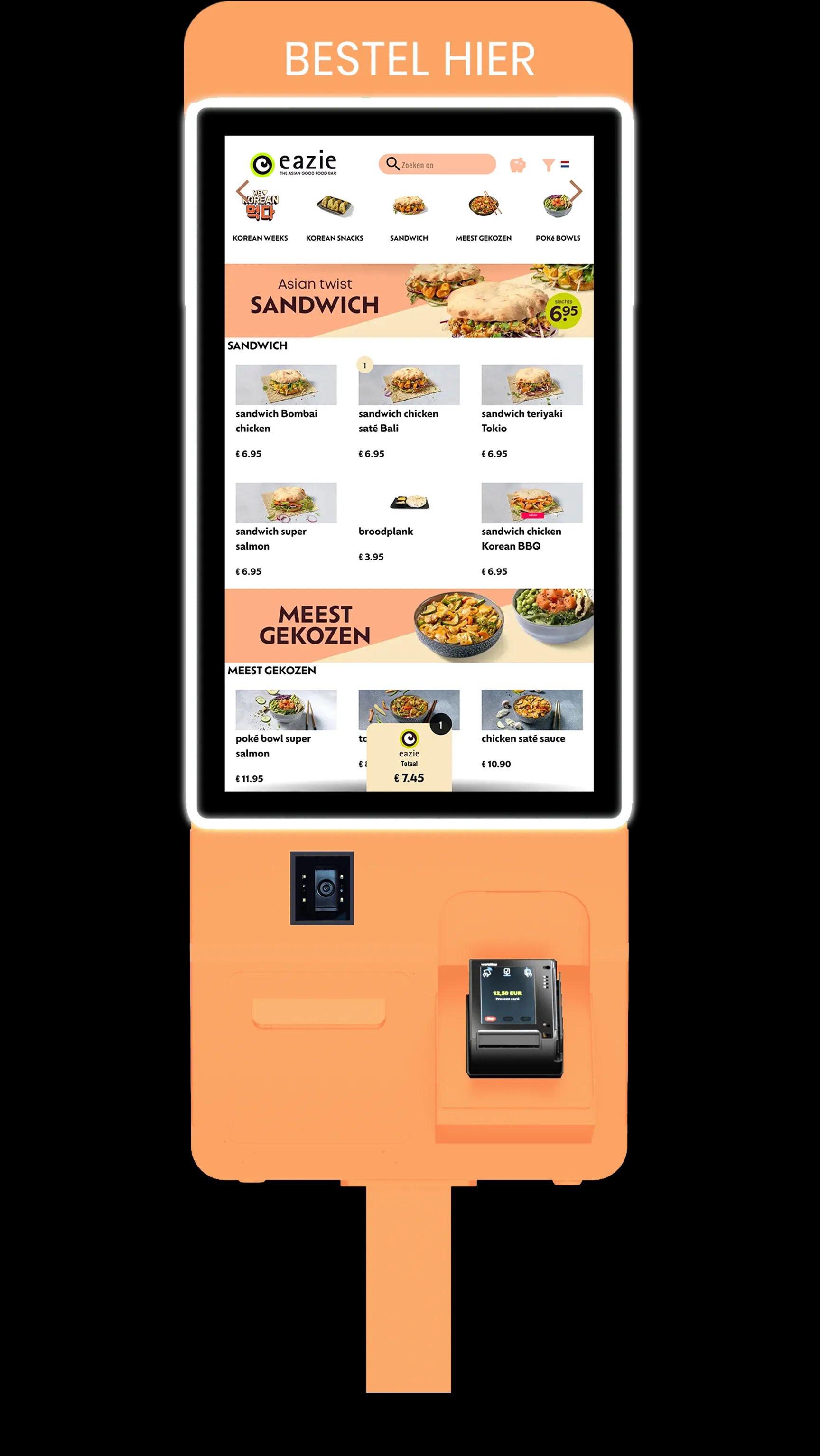 Jamezz kiosk in orange - Dutch self-ordering kiosk for hospitality venues